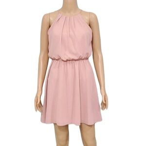 Awesome21 Women's High Neck‎ Pleated Dress w/Waistband Pink Size Small